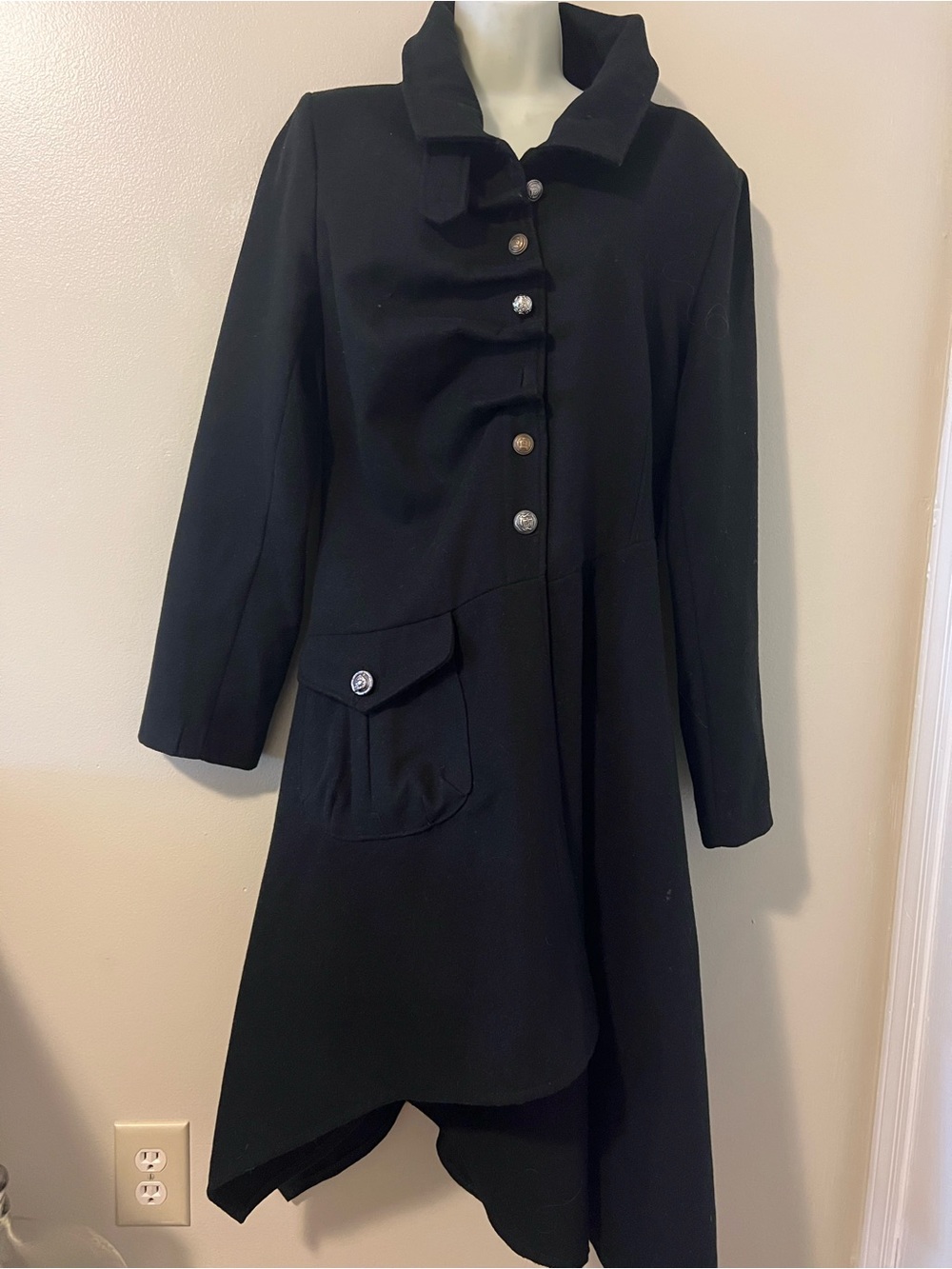 Italian made. Black Women's Asymmetrical Button-Front Coat